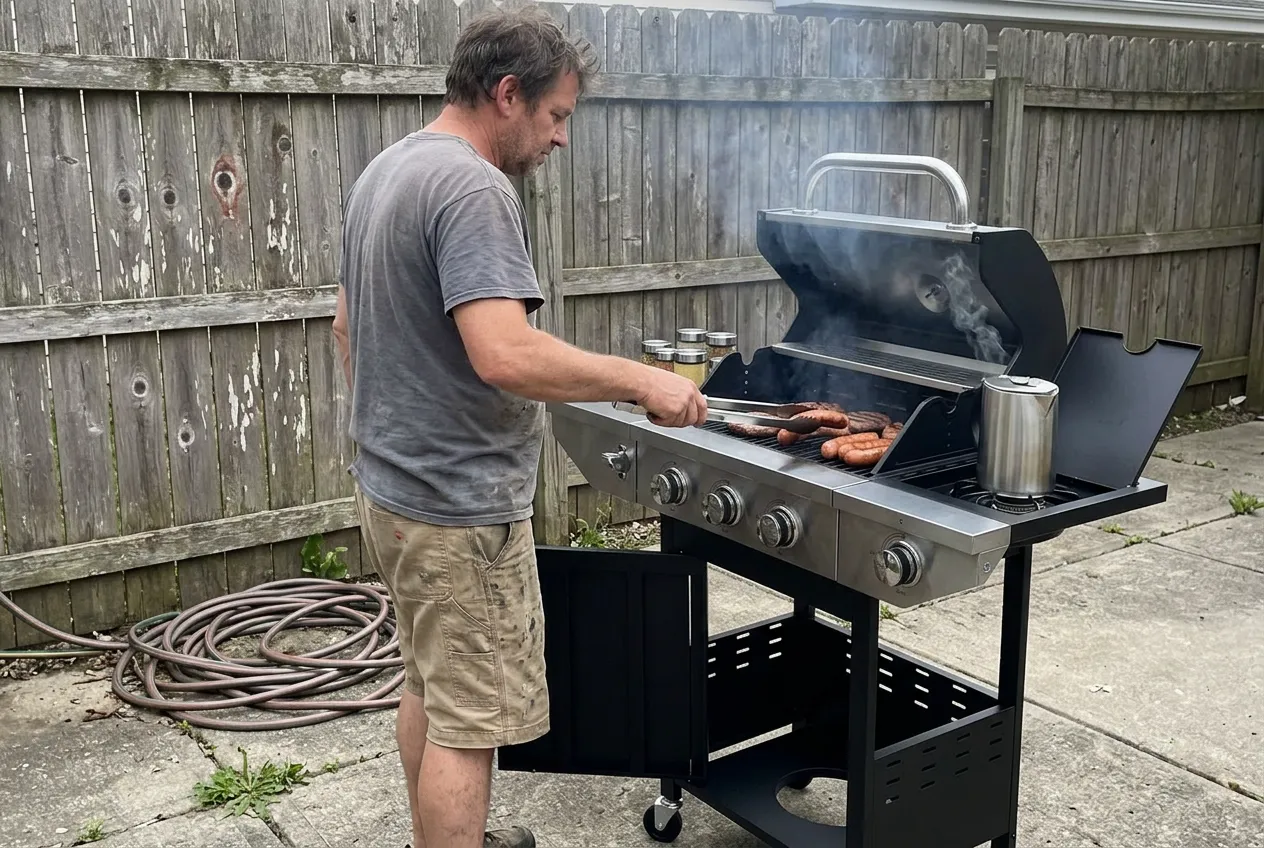 Chef searing steak in stainless steel pan